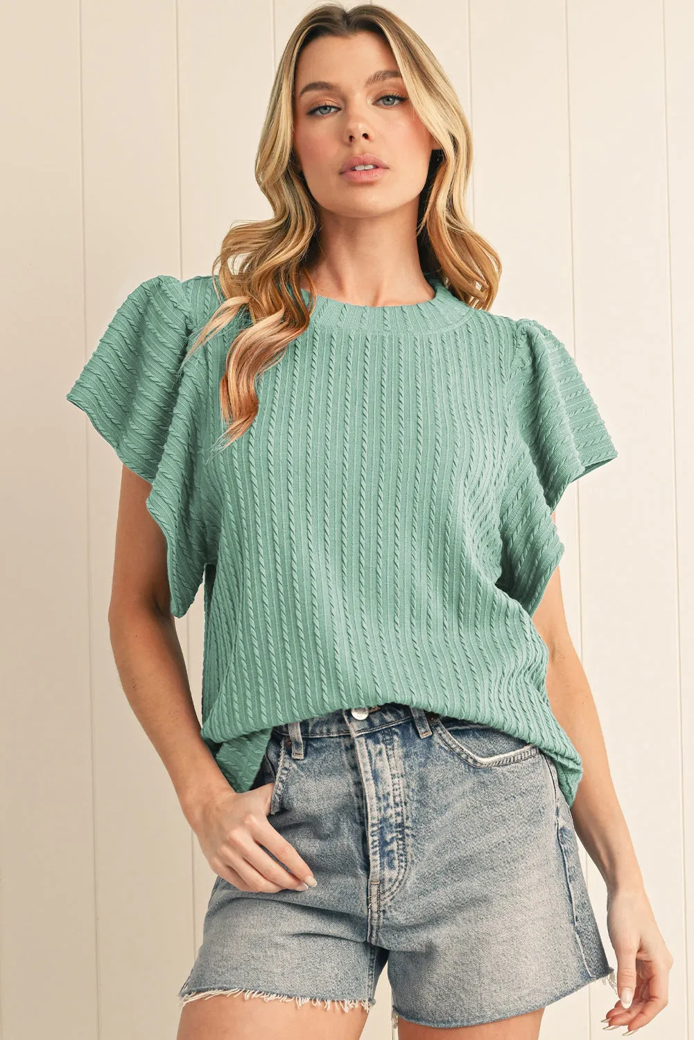 Solid Color Textured Ruffle Short Sleeve Knit Top