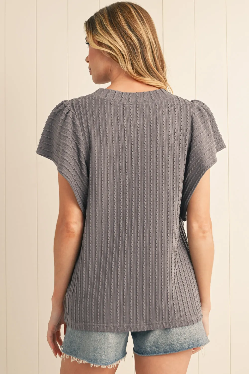 Solid Color Textured Ruffle Short Sleeve Knit Top