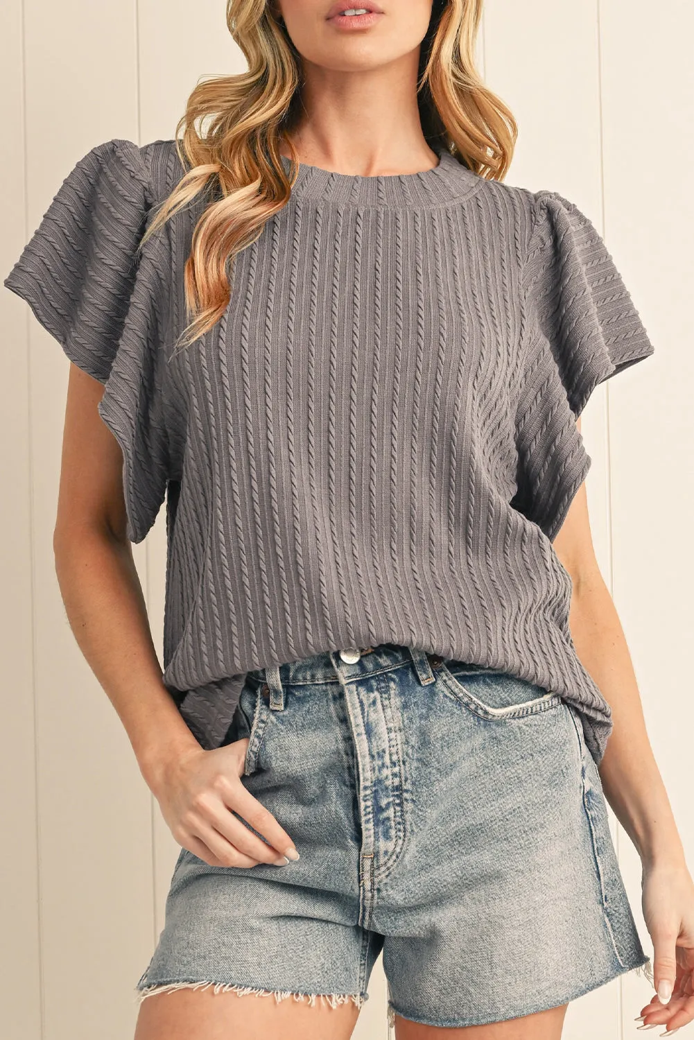 Solid Color Textured Ruffle Short Sleeve Knit Top