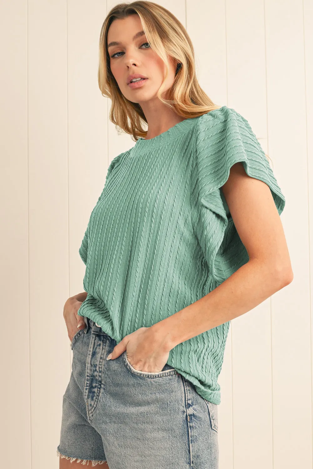 Solid Color Textured Ruffle Short Sleeve Knit Top