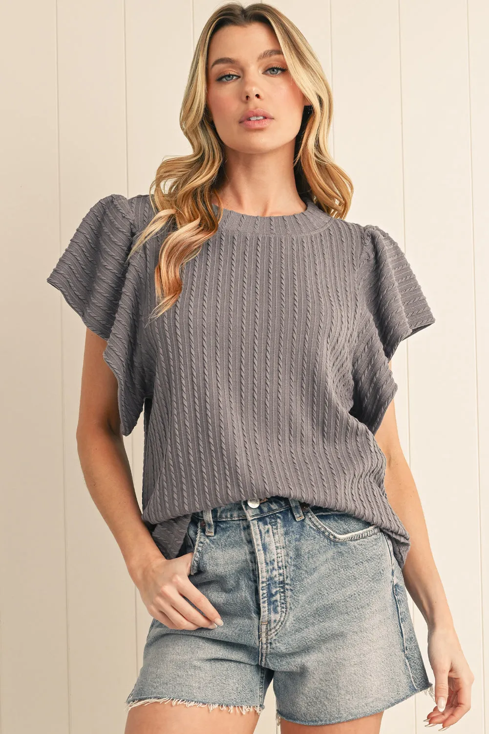 Solid Color Textured Ruffle Short Sleeve Knit Top