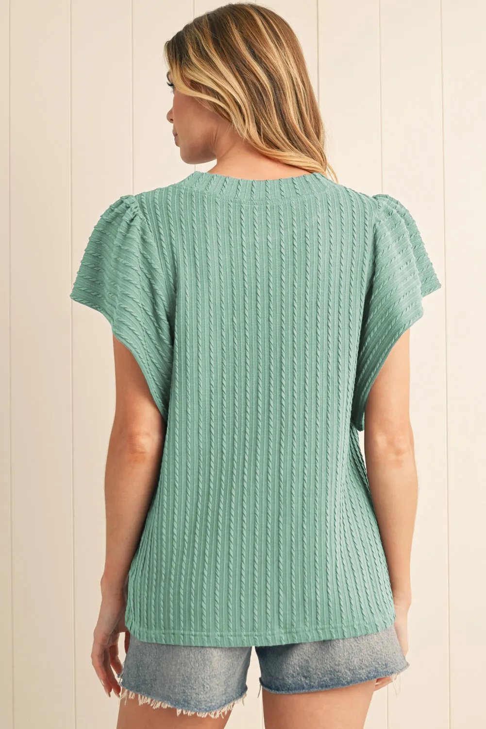 Solid Color Textured Ruffle Short Sleeve Knit Top