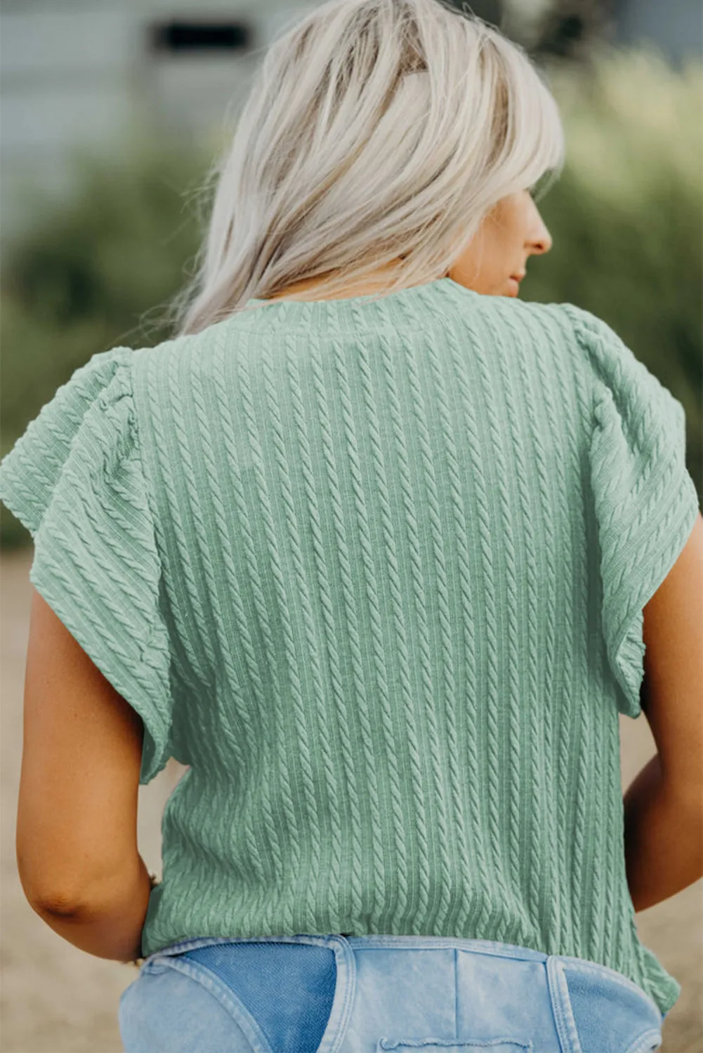 Solid Color Textured Ruffle Short Sleeve Knit Top