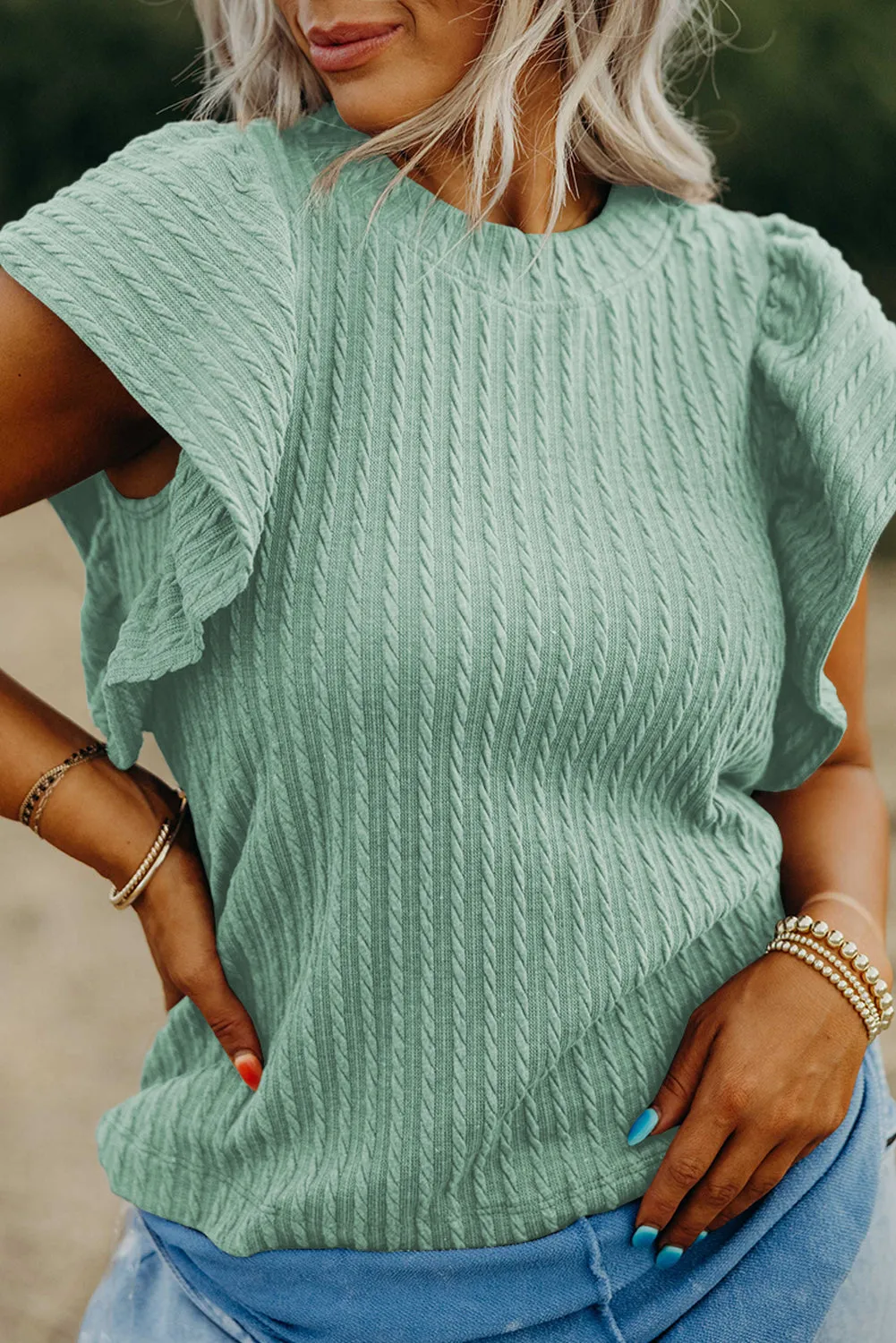 Solid Color Textured Ruffle Short Sleeve Knit Top