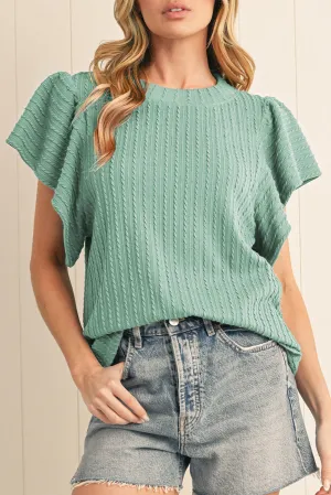 Solid Color Textured Ruffle Short Sleeve Knit Top