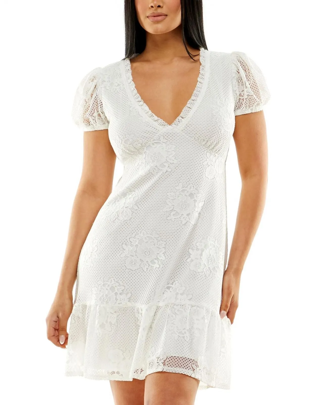 Speechless Ivory Lace Ruffled Lined Pullover Pouf Sleeve V Neck Dress