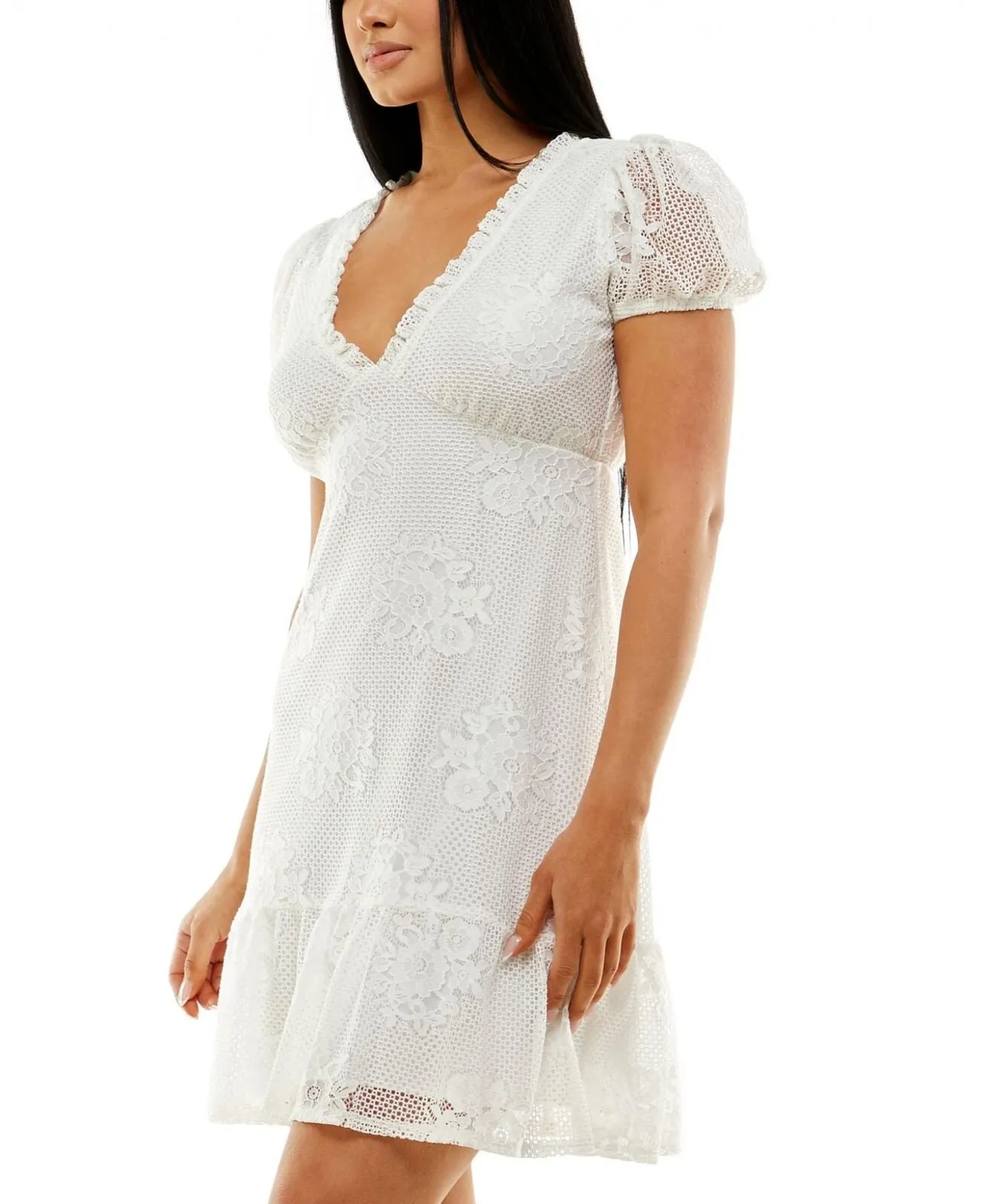 Speechless Ivory Lace Ruffled Lined Pullover Pouf Sleeve V Neck Dress