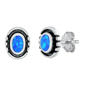 Sterling Silver Bali Style Oval Simple Elegant Earrings Blue Synthetic Opal 925