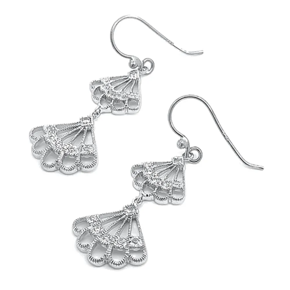 Sterling Silver Cute Elegant Vintage Style Fan Dangle Drop Earrings 925 New