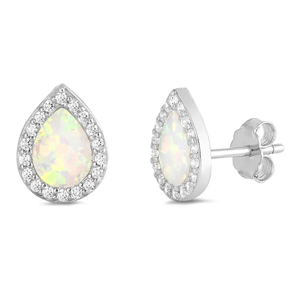 Sterling Silver Teardrop Halo Elegant Style Earrings White Synthetic Opal 925