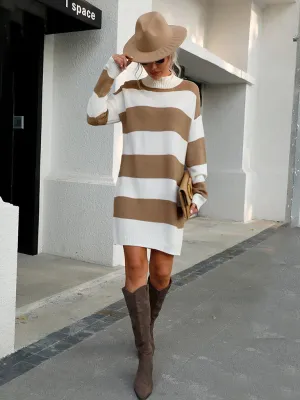 Striped Pattern Sweater Dress with Knitted Jersey and Long Sleeves