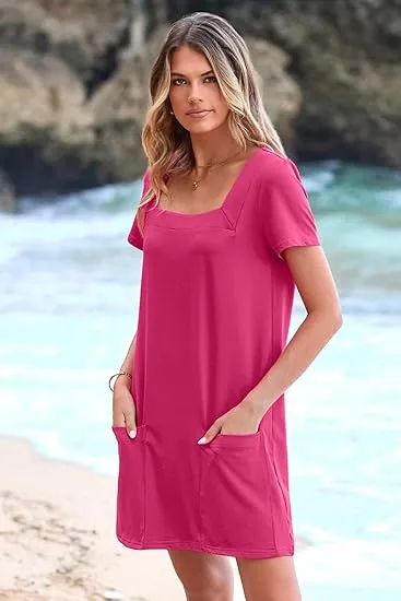 💕Summer Promotion 50% OFF👗Women's Casual Square Neck Pocket Short Sleeve Dress with Pockets