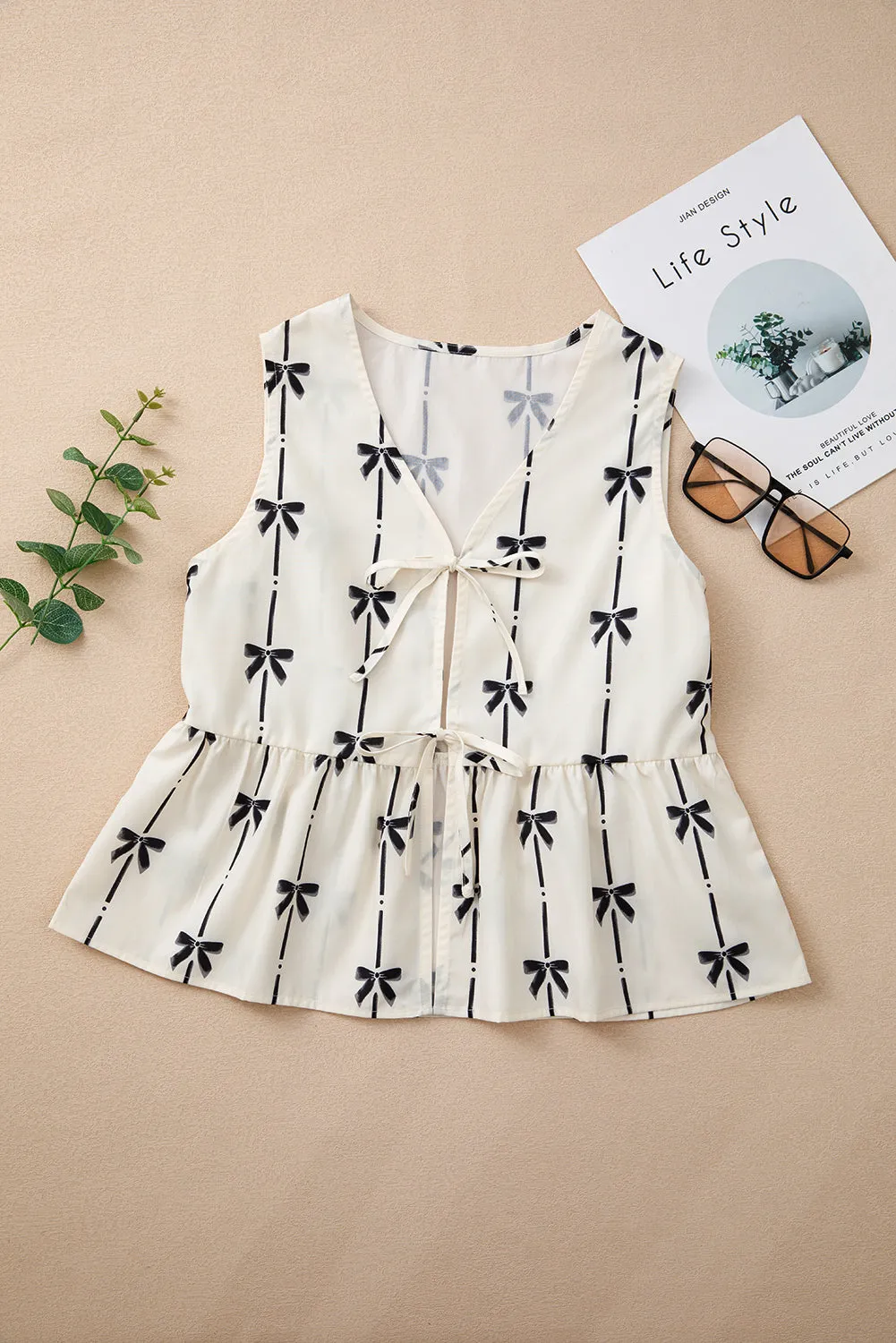 Sweet Bow Print Tie Front Sleeveless Top