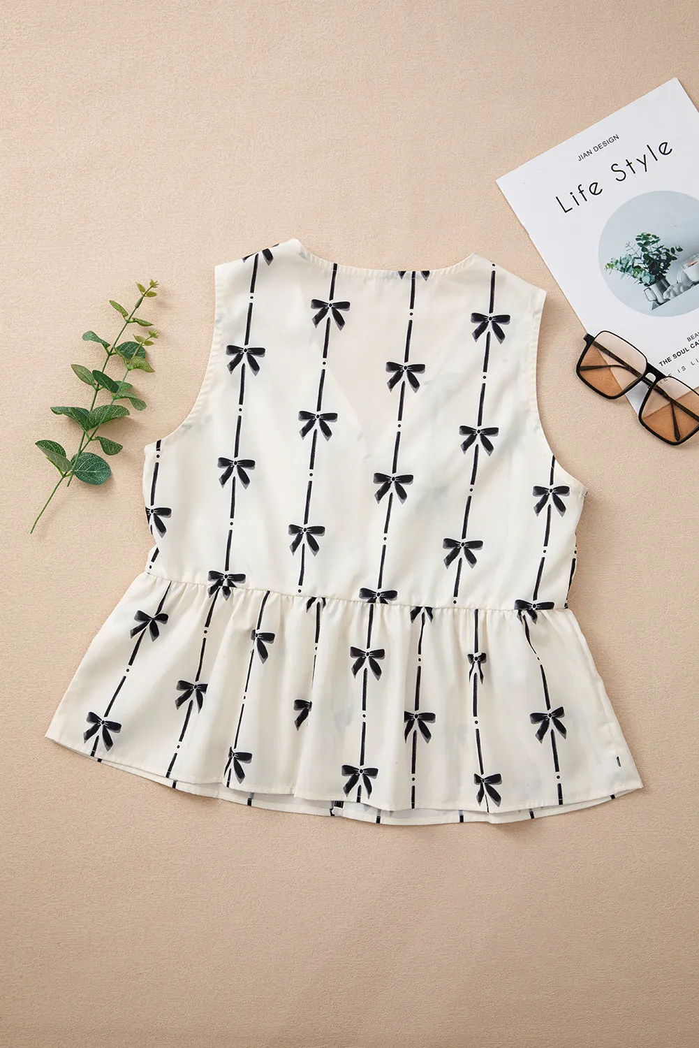 Sweet Bow Print Tie Front Sleeveless Top