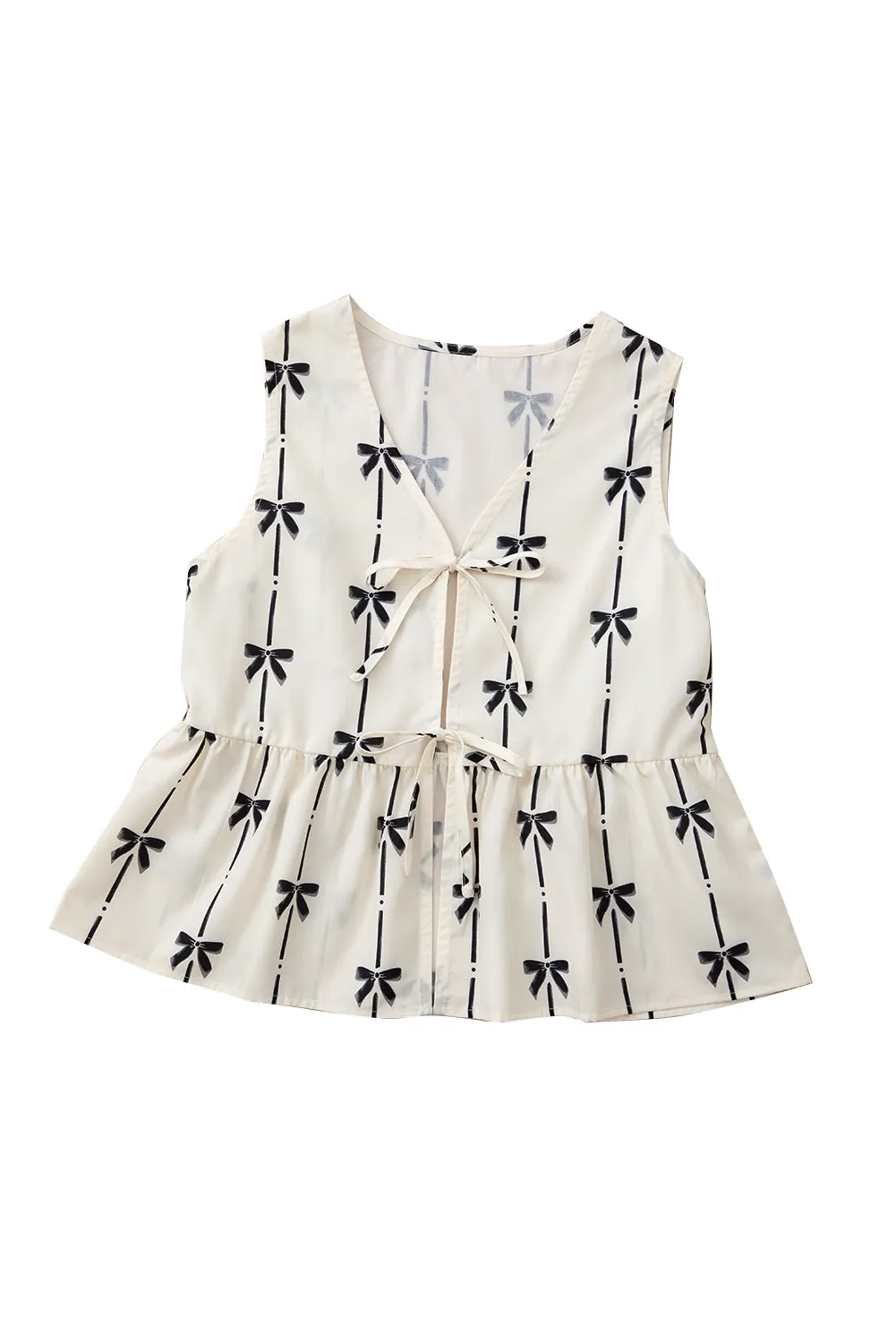 Sweet Bow Print Tie Front Sleeveless Top
