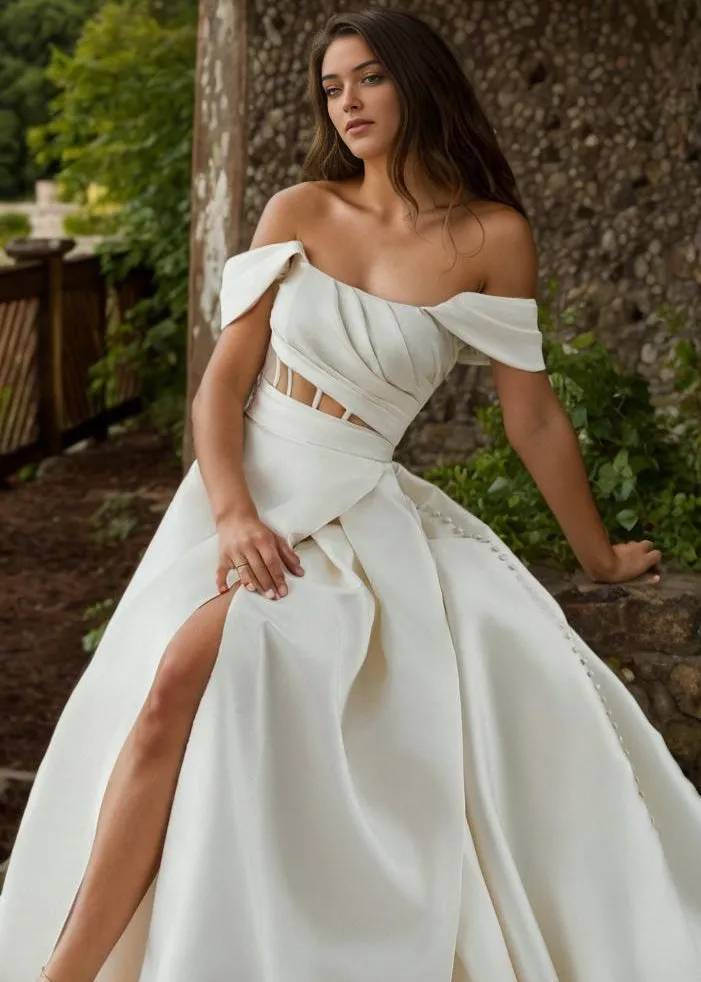 Sydney Warm Ivory Mikado A-Line wedding gown s12-14 with split