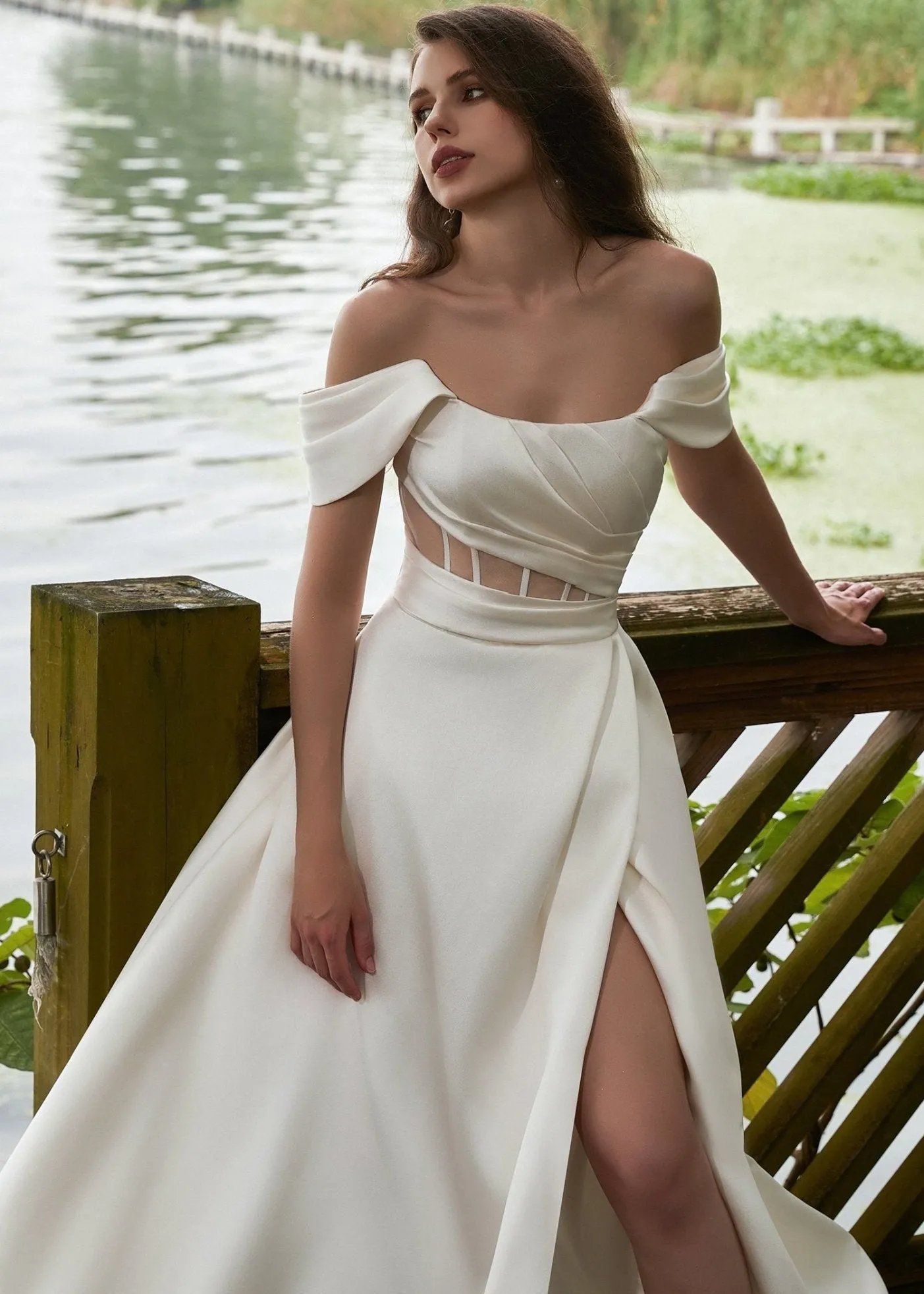 Sydney Warm Ivory Mikado A-Line wedding gown s12-14 with split