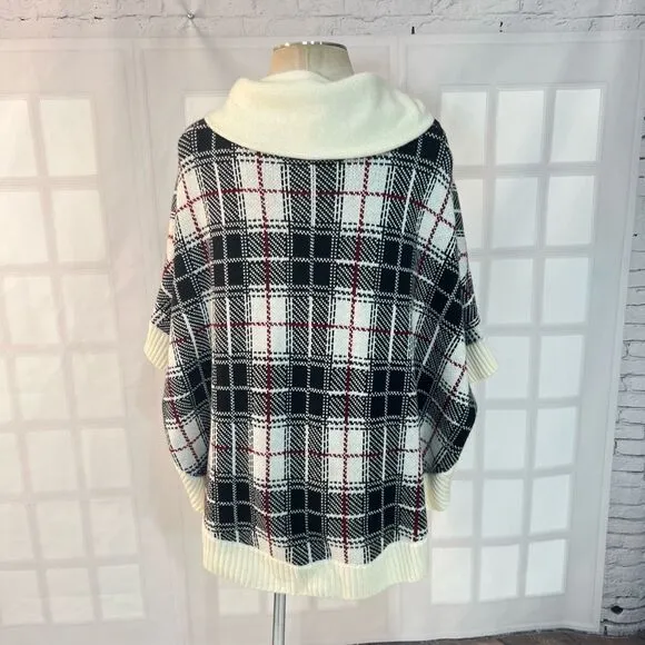 Talbots Multicolor Plaid Lapel Collar Knit Poncho Sweater Size Small