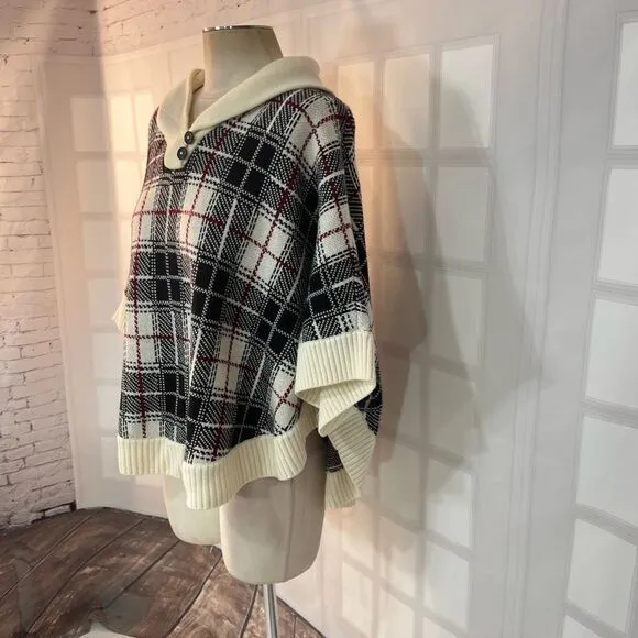 Talbots Multicolor Plaid Lapel Collar Knit Poncho Sweater Size Small