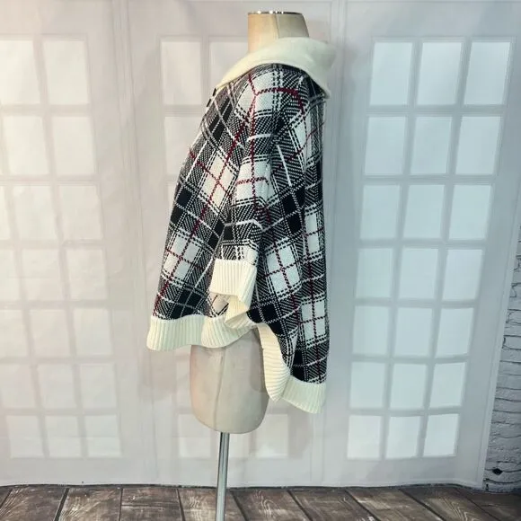 Talbots Multicolor Plaid Lapel Collar Knit Poncho Sweater Size Small