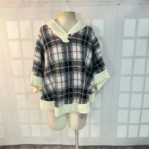 Talbots Multicolor Plaid Lapel Collar Knit Poncho Sweater Size Small
