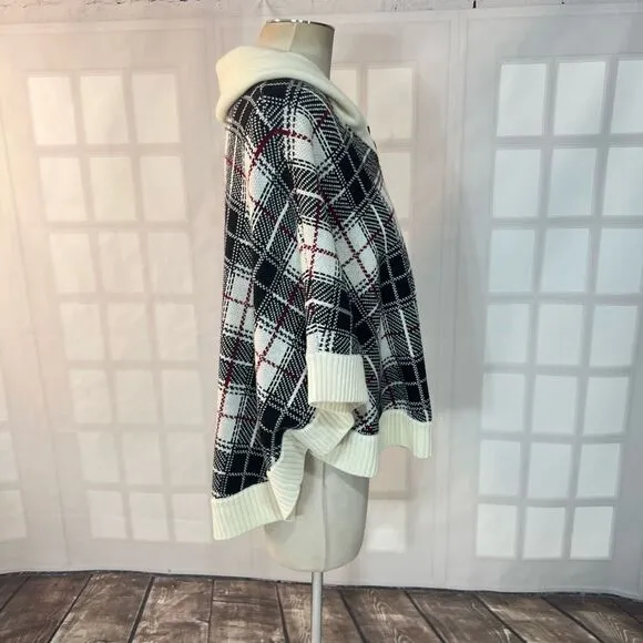 Talbots Multicolor Plaid Lapel Collar Knit Poncho Sweater Size Small