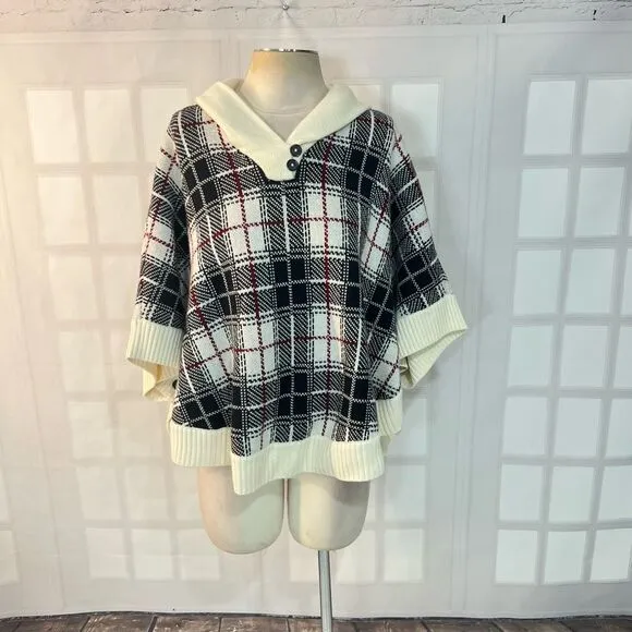 Talbots Multicolor Plaid Lapel Collar Knit Poncho Sweater Size Small