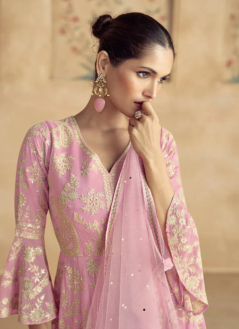 Timeless Pink Embroidered Sharara Style Suit