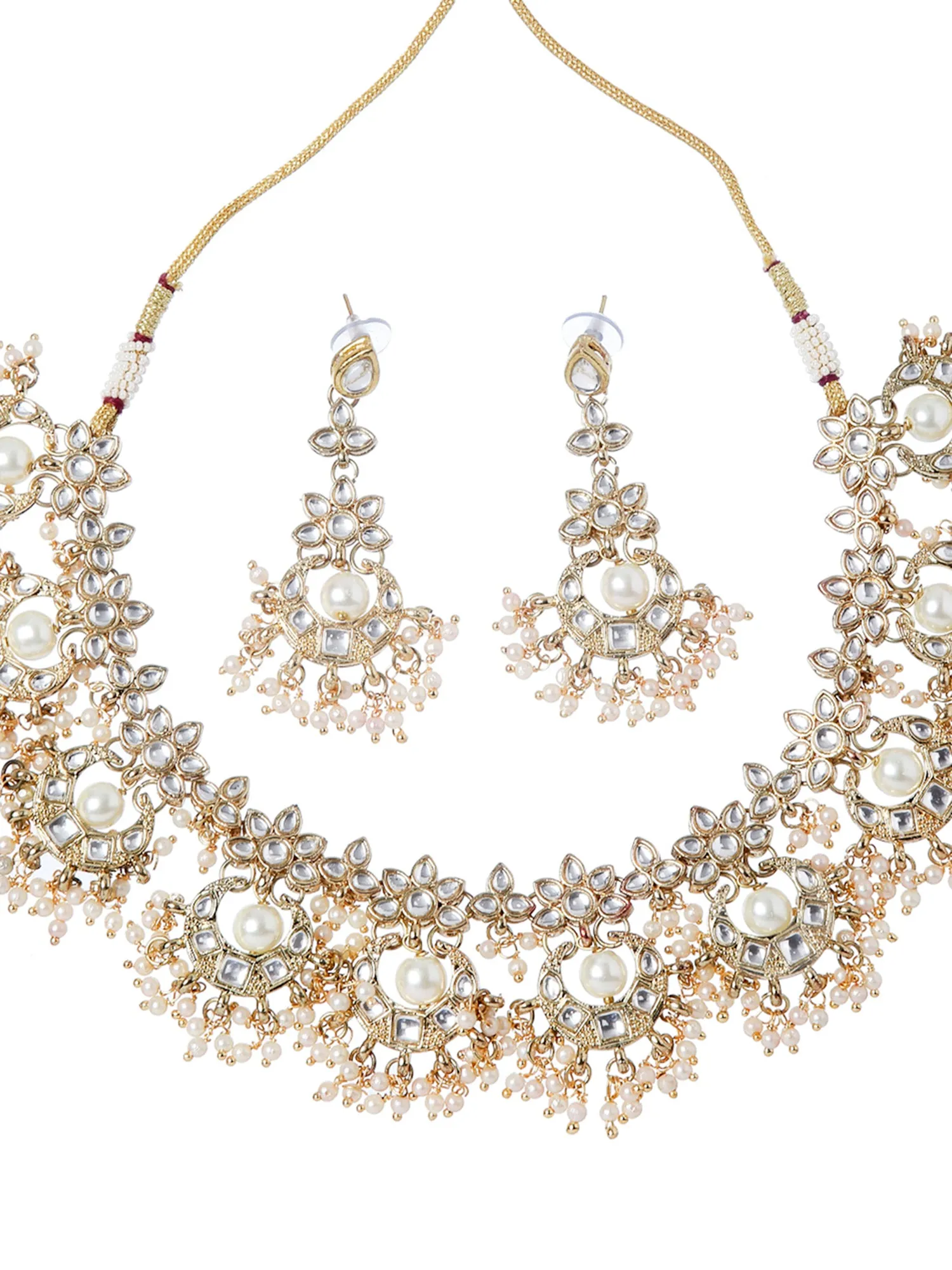 Traditional Gold Plated Moon Shaped White Kundan Studded Necklace Set