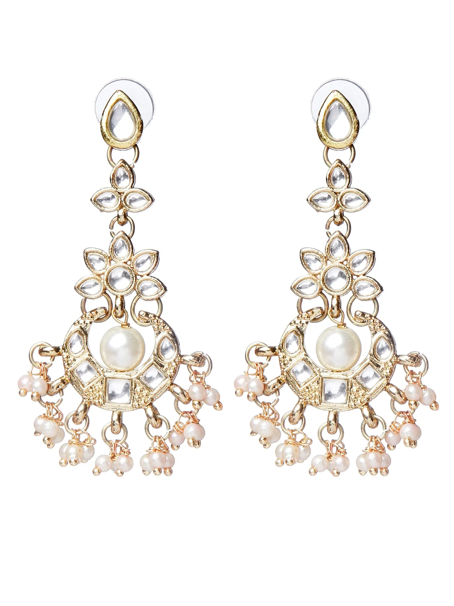 Traditional Gold Plated Moon Shaped White Kundan Studded Necklace Set