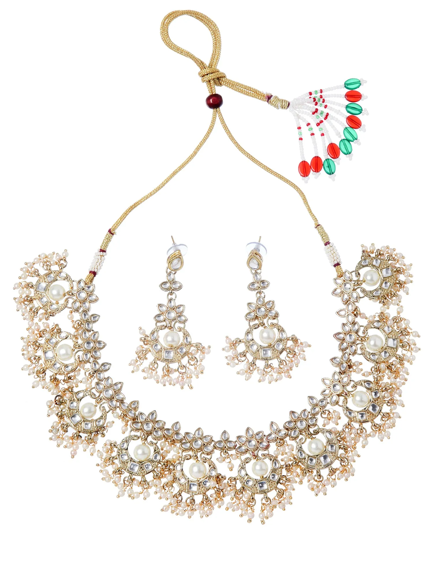Traditional Gold Plated Moon Shaped White Kundan Studded Necklace Set