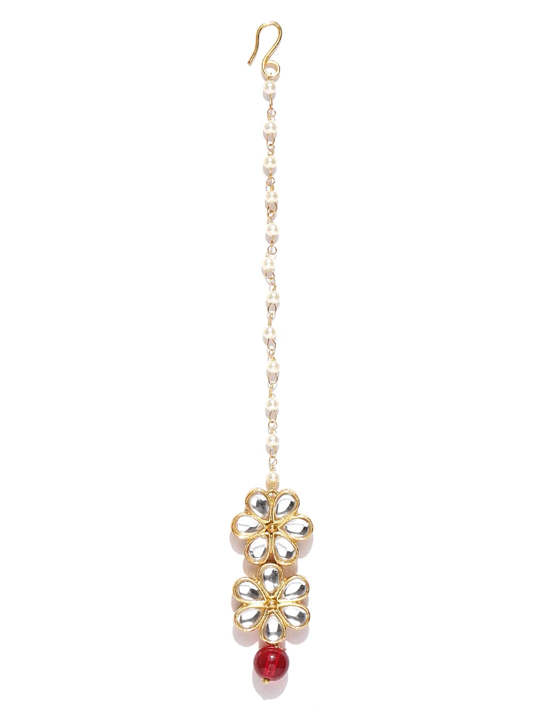 Traditional Gold Plated Red Beads Kundan Maangtikka for Women