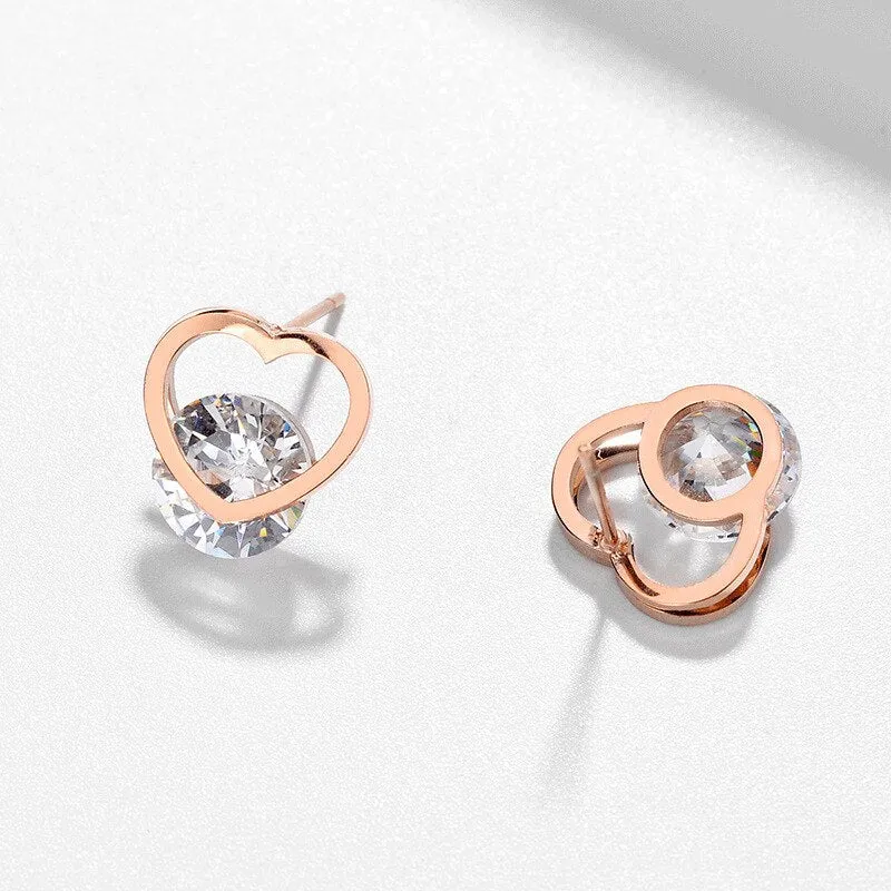 Trendy Heart-Shaped Stud Earrings in 316L Stainless Steel with Gold-Colored Rhinestones - Stylish New Fashion Gift for Women