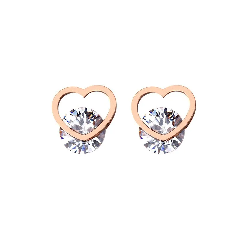 Trendy Heart-Shaped Stud Earrings in 316L Stainless Steel with Gold-Colored Rhinestones - Stylish New Fashion Gift for Women