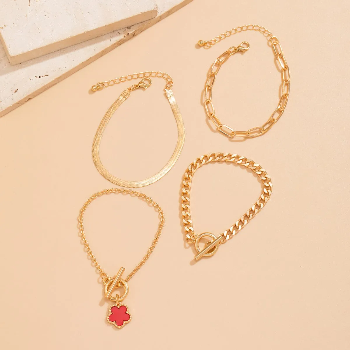 Trendy Layered Enamel Flower Curb Chain Bracelet Set