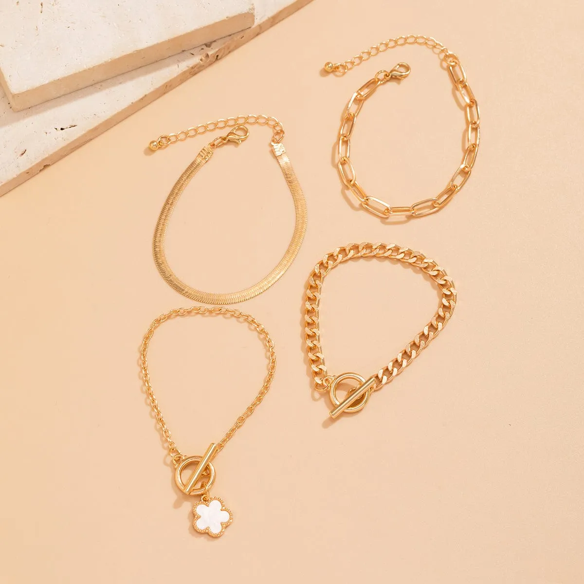Trendy Layered Enamel Flower Curb Chain Bracelet Set