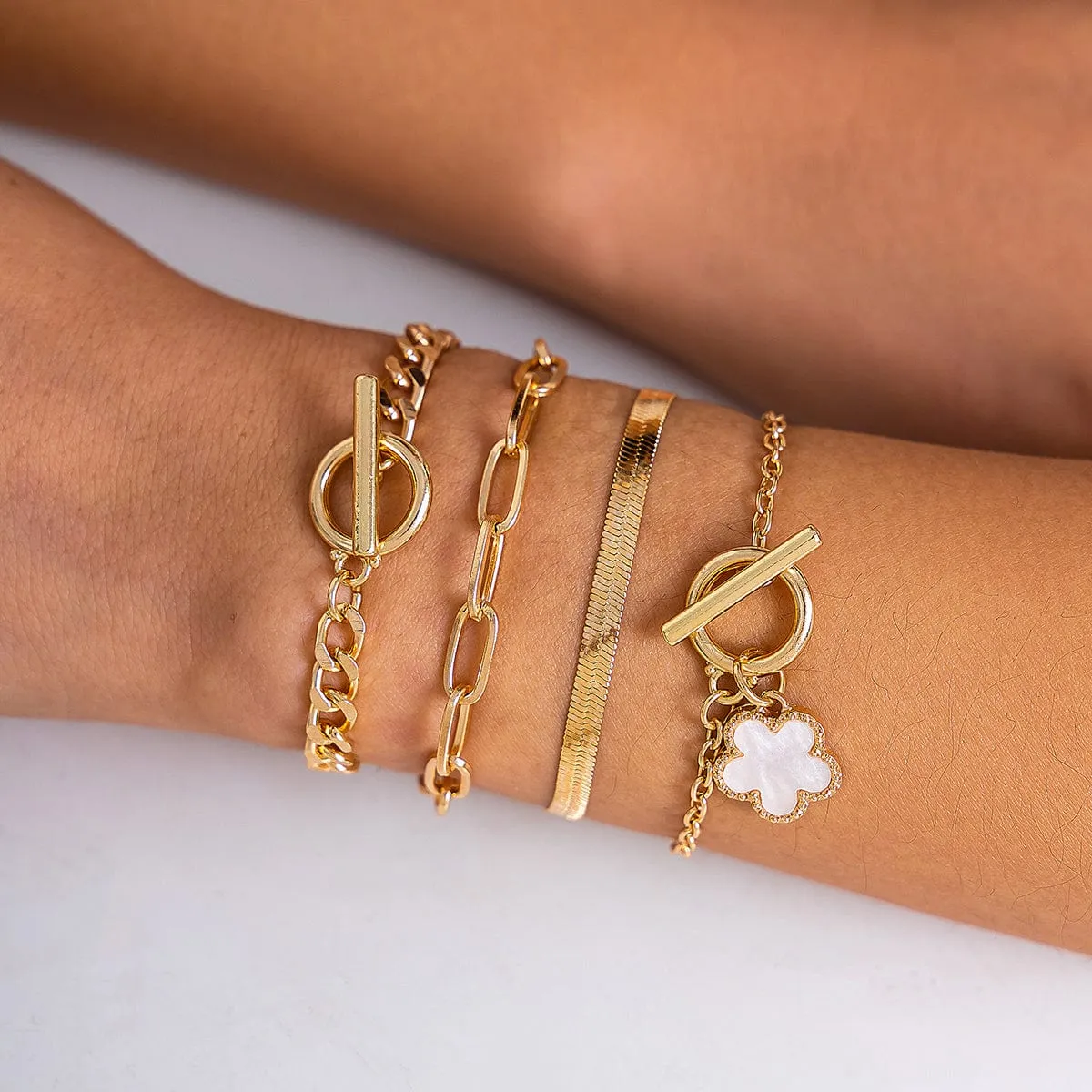 Trendy Layered Enamel Flower Curb Chain Bracelet Set