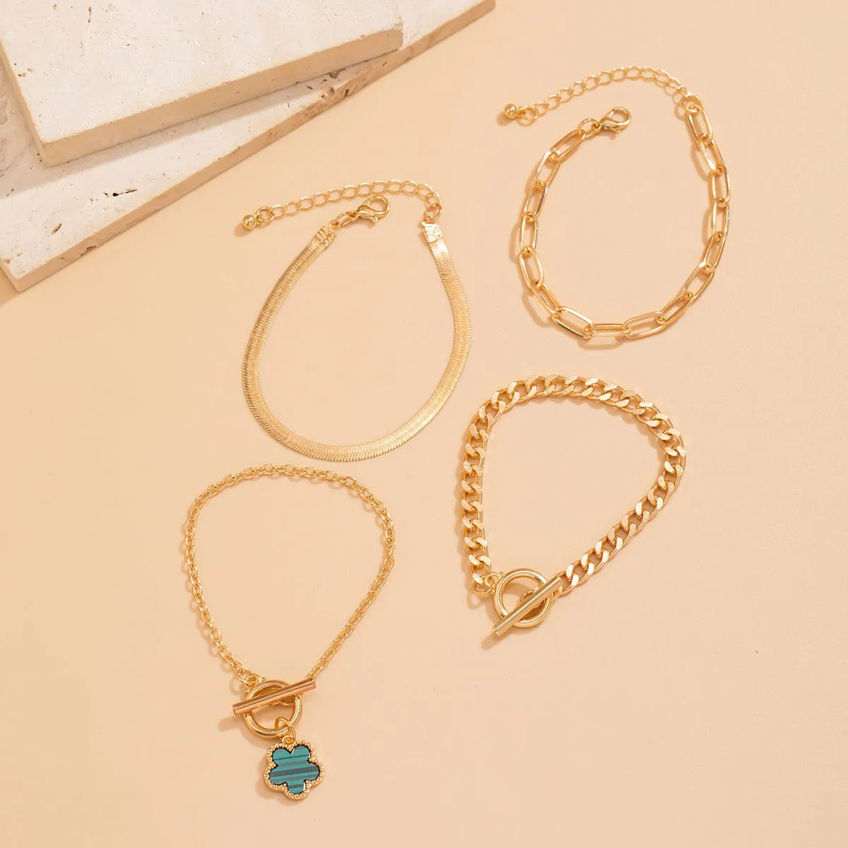 Trendy Layered Enamel Flower Curb Chain Bracelet Set