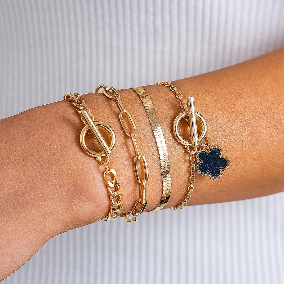 Trendy Layered Enamel Flower Curb Chain Bracelet Set