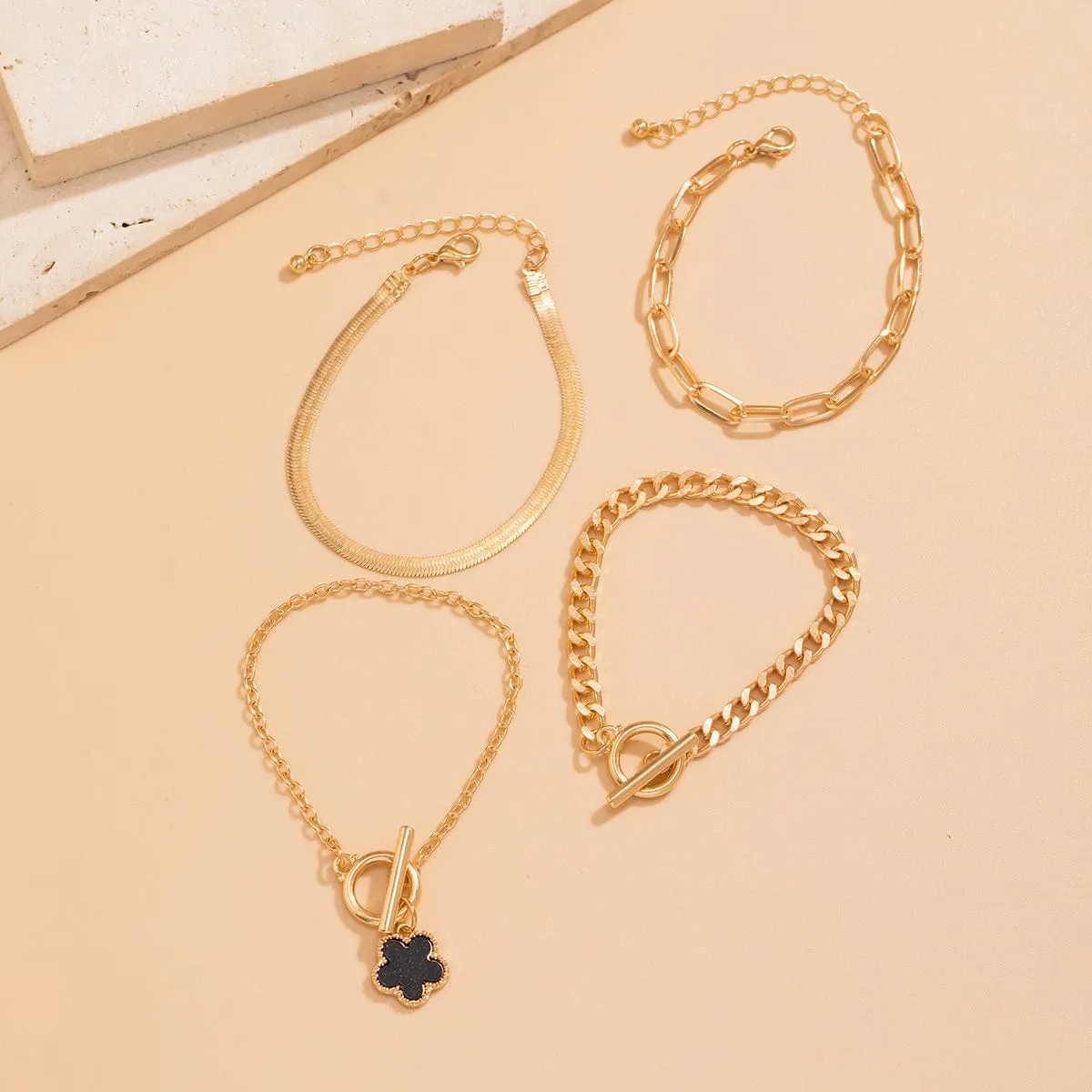 Trendy Layered Enamel Flower Curb Chain Bracelet Set
