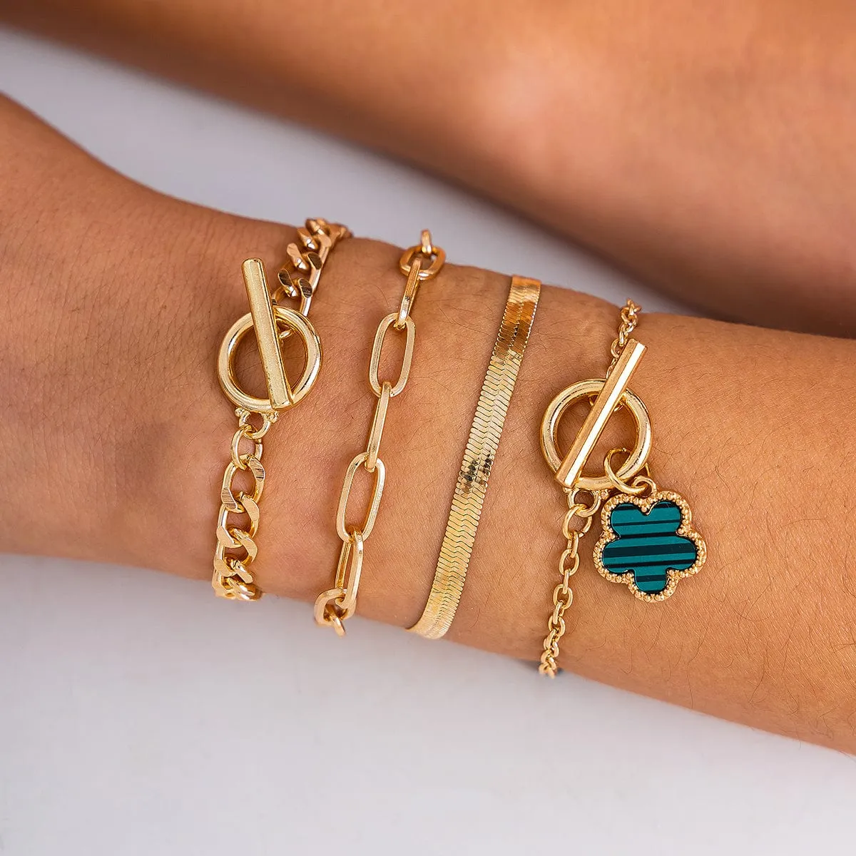 Trendy Layered Enamel Flower Curb Chain Bracelet Set