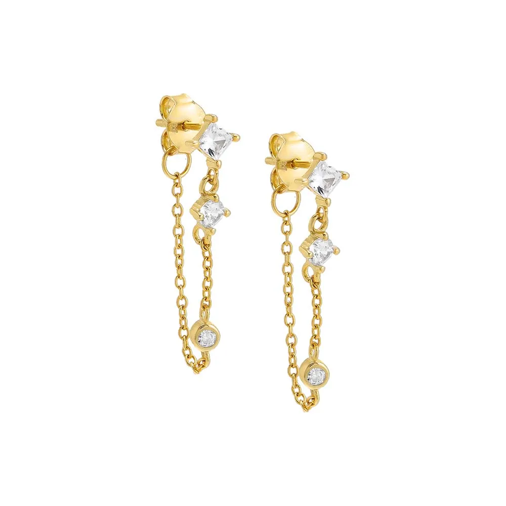 Triple Colored Stone Front Back Chain Stud Earring