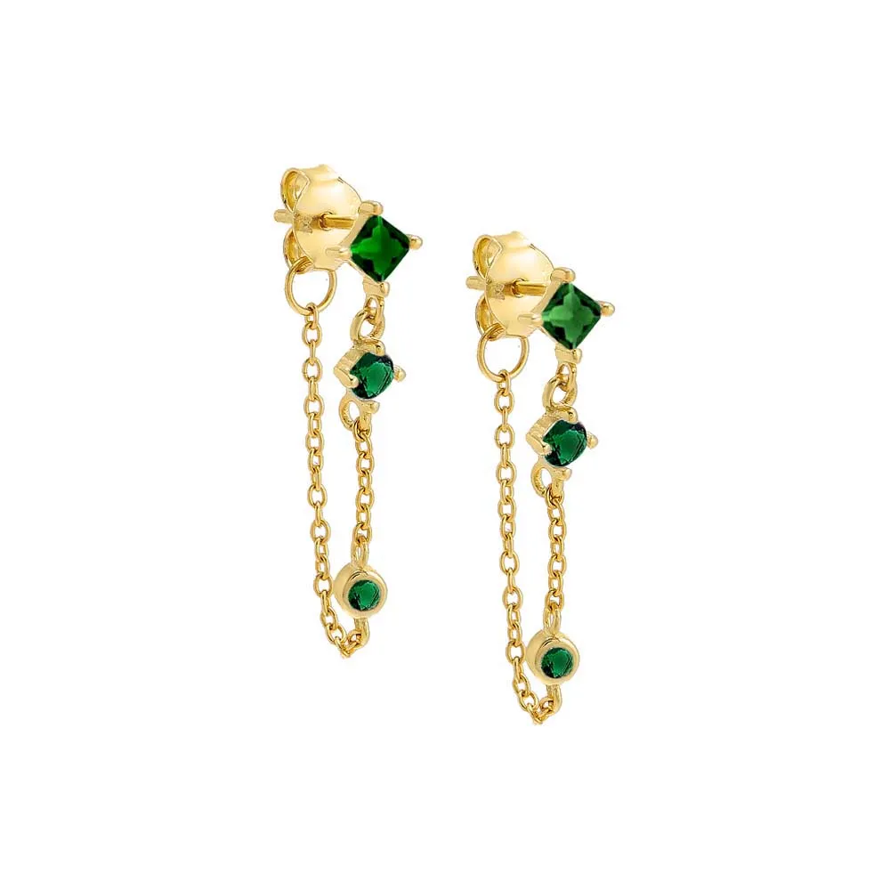 Triple Colored Stone Front Back Chain Stud Earring
