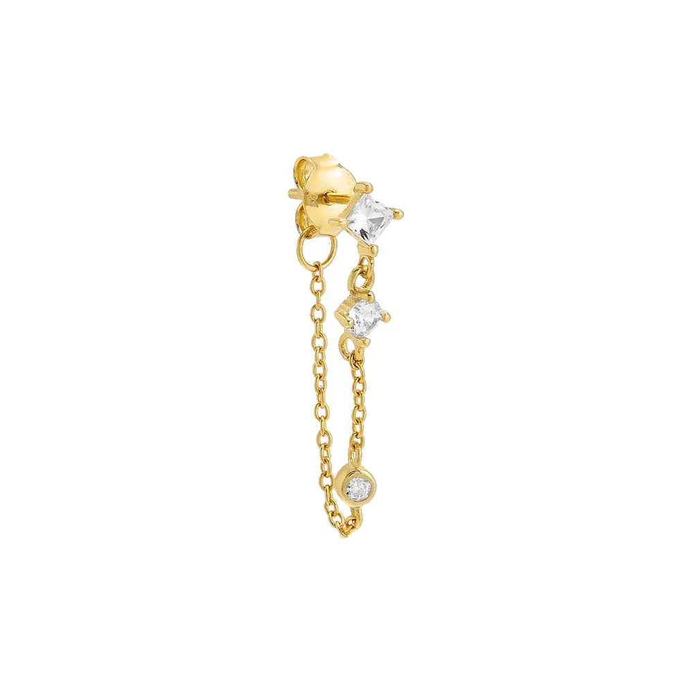Triple Colored Stone Front Back Chain Stud Earring
