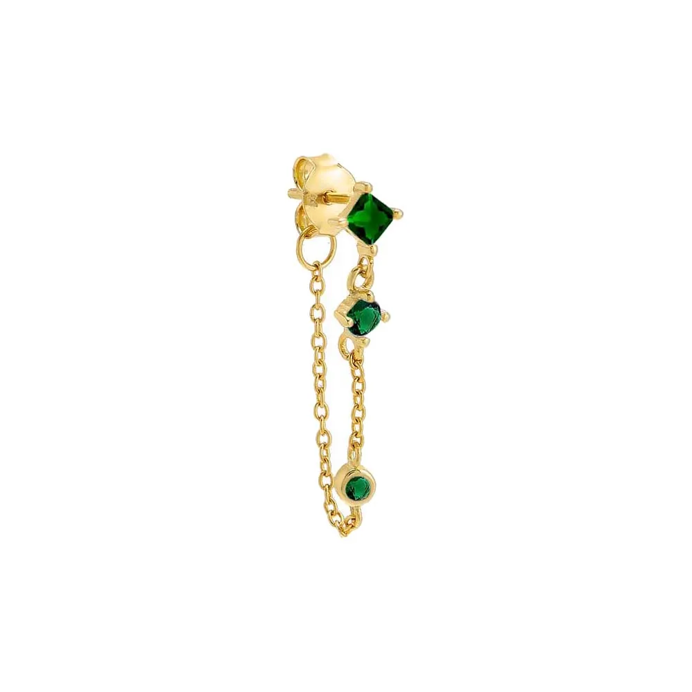 Triple Colored Stone Front Back Chain Stud Earring