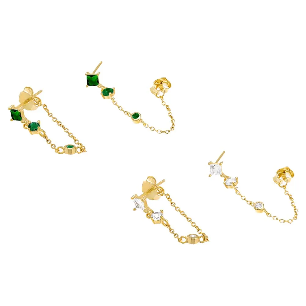 Triple Colored Stone Front Back Chain Stud Earring