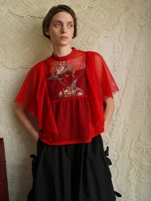 Unlogical Poem Retro Elegant Embroidered Mesh Top