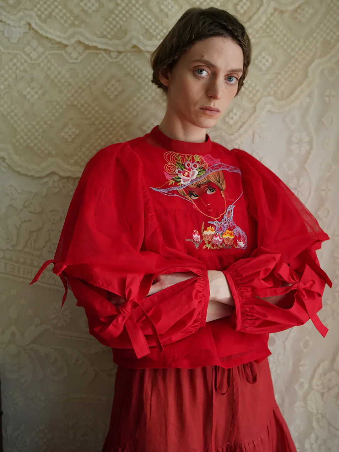 Unlogical Poem Retro Elegant Embroidered Mesh Top