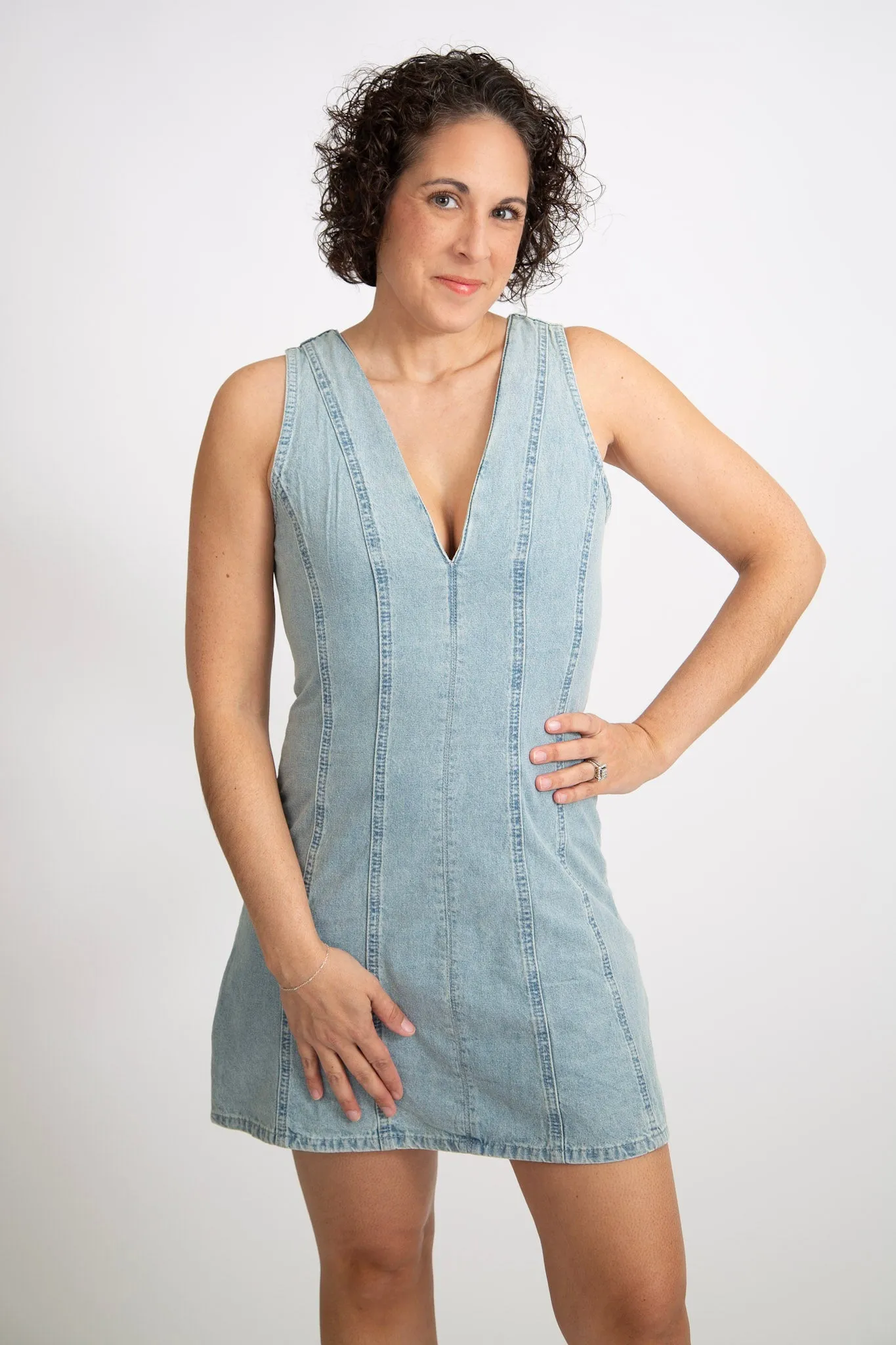 V-neck Open Back Denim Dress | Light Wash