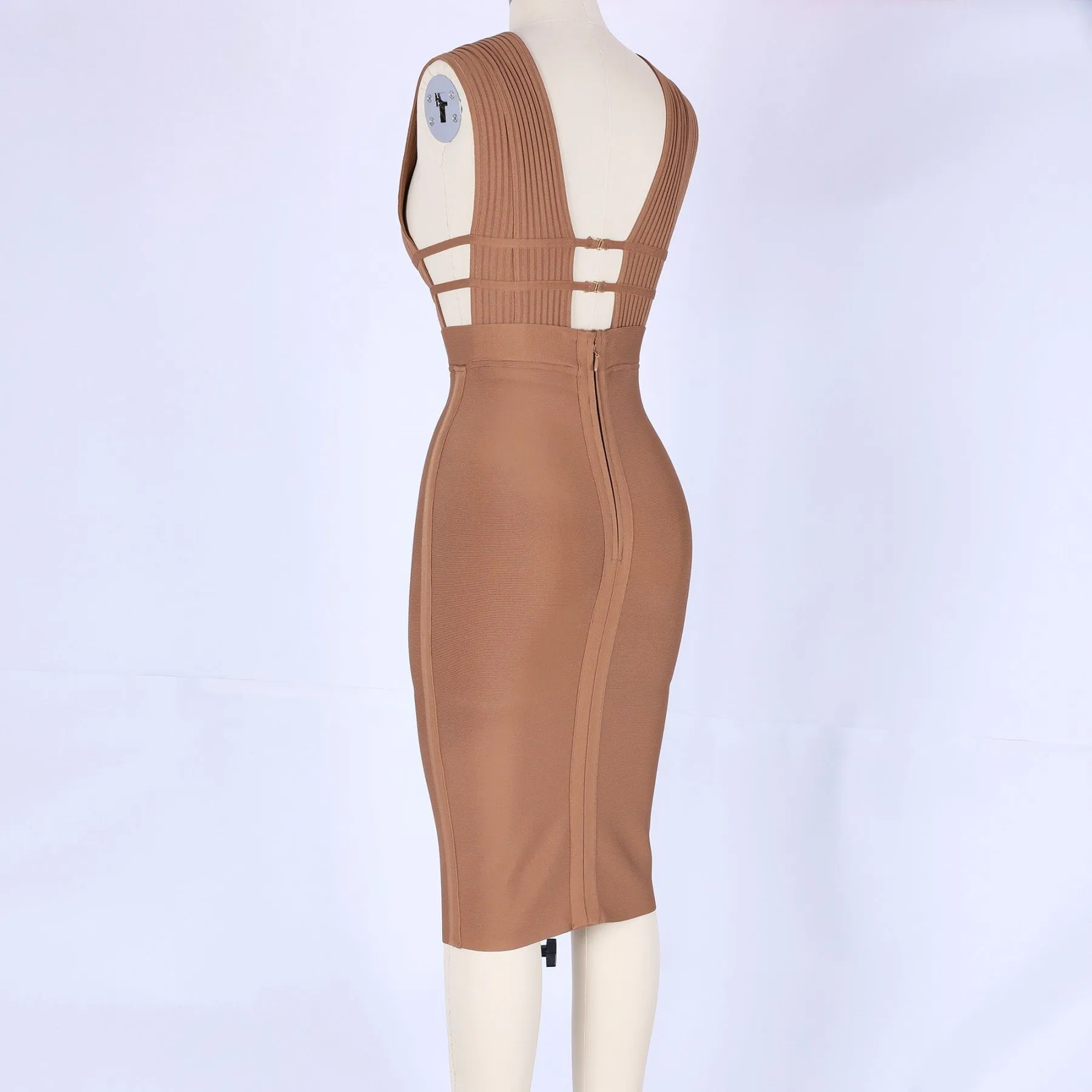 V Neck Sleeveless Hollow Out Midi Bandage Dress PF0803